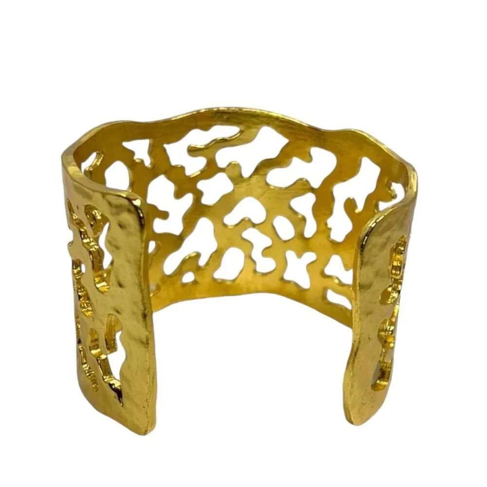 Karine Sultan 24k-GP Hammered Wide Cuff Adjustable Bracelet w/ Cutout Design - Picture 3 of 9